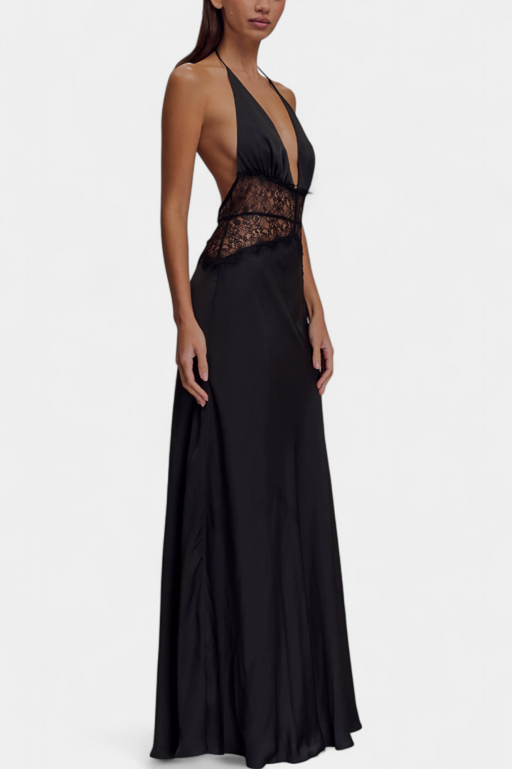 Robe Longue Ashanty avec Décolleté Halter et Taille en Dentelle Transparente