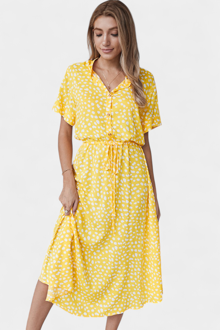 Rovena Robe Midi à Pois avec Col Chemisier et Taille Ajustable