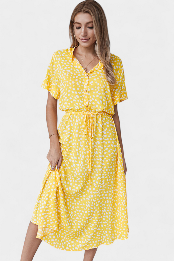 Rovena Robe Midi à Pois avec Col Chemisier et Taille Ajustable