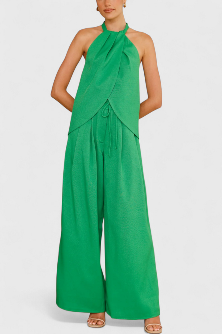 Ensemble Bernadina en Lin avec Top à Ouverture Frontale et Pantalon à Jambes Amples