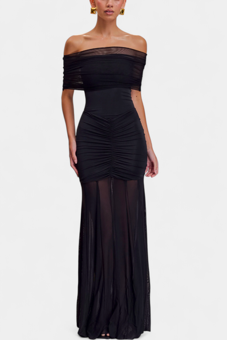 Robe Maxi Alodia à Épaules avec Cape en Maille