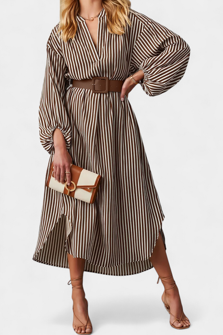 Eliana Robe Rayée avec Ceinture et Col en V