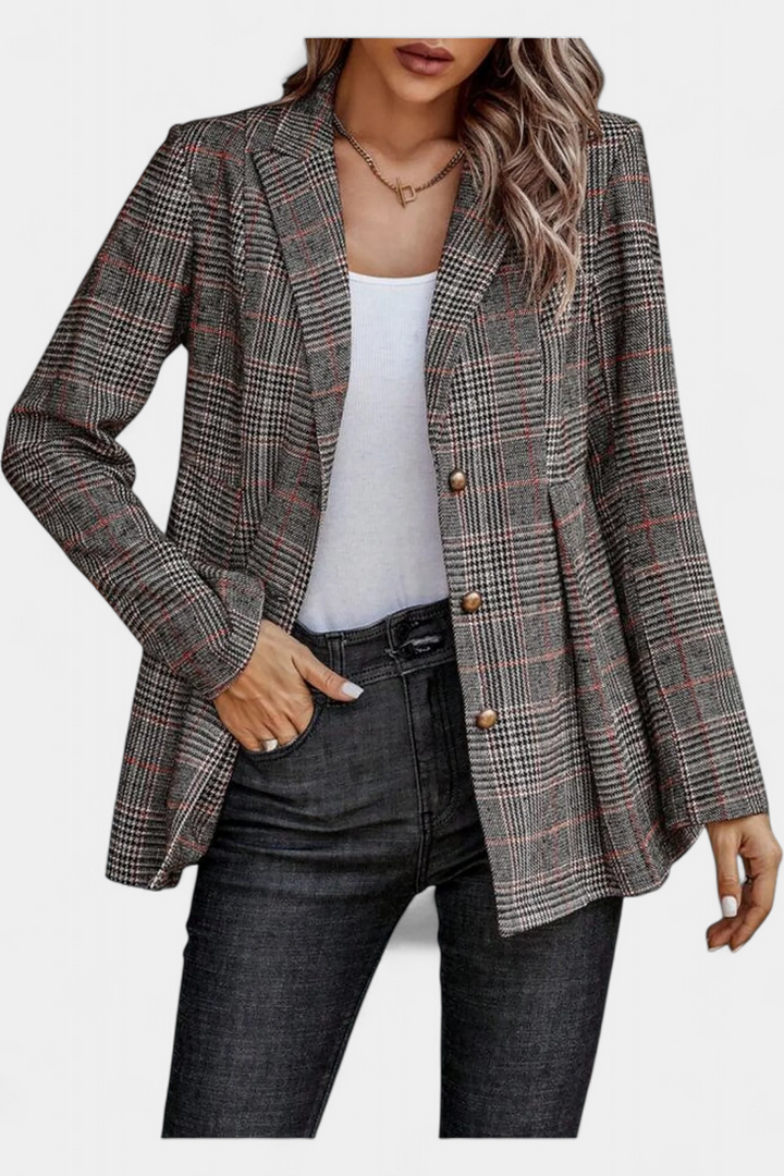 Blazer Peplum à Carreaux avec Revers en V