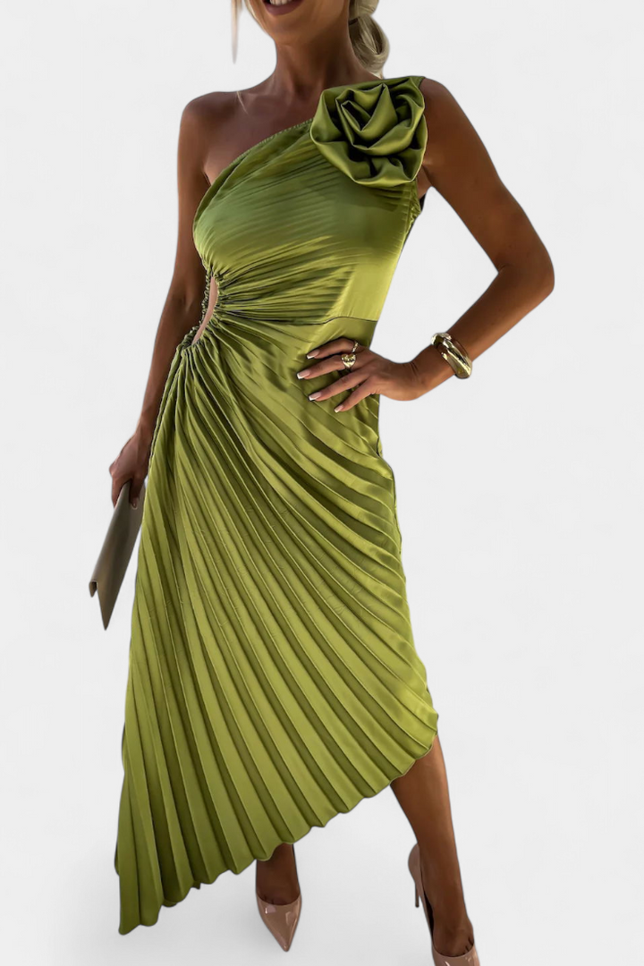 Robe de Cocktail Asymétrique Leire avec Application Florale et Jupe Plissée