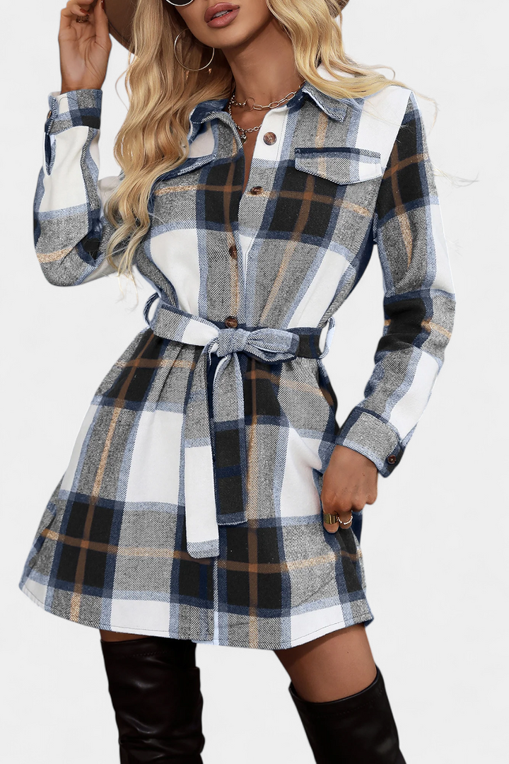 Robe Chemise Mini à Carreaux avec Ceinture