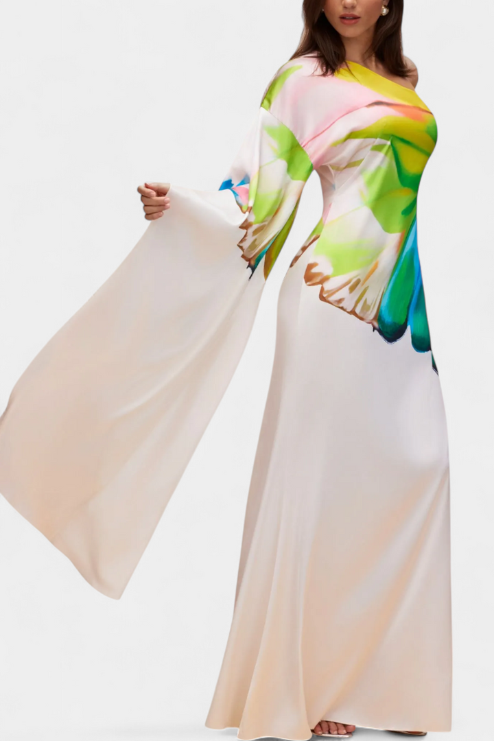 Robe Longue Asymétrique Beryl à Une Seule Manche avec Imprimé Moderne