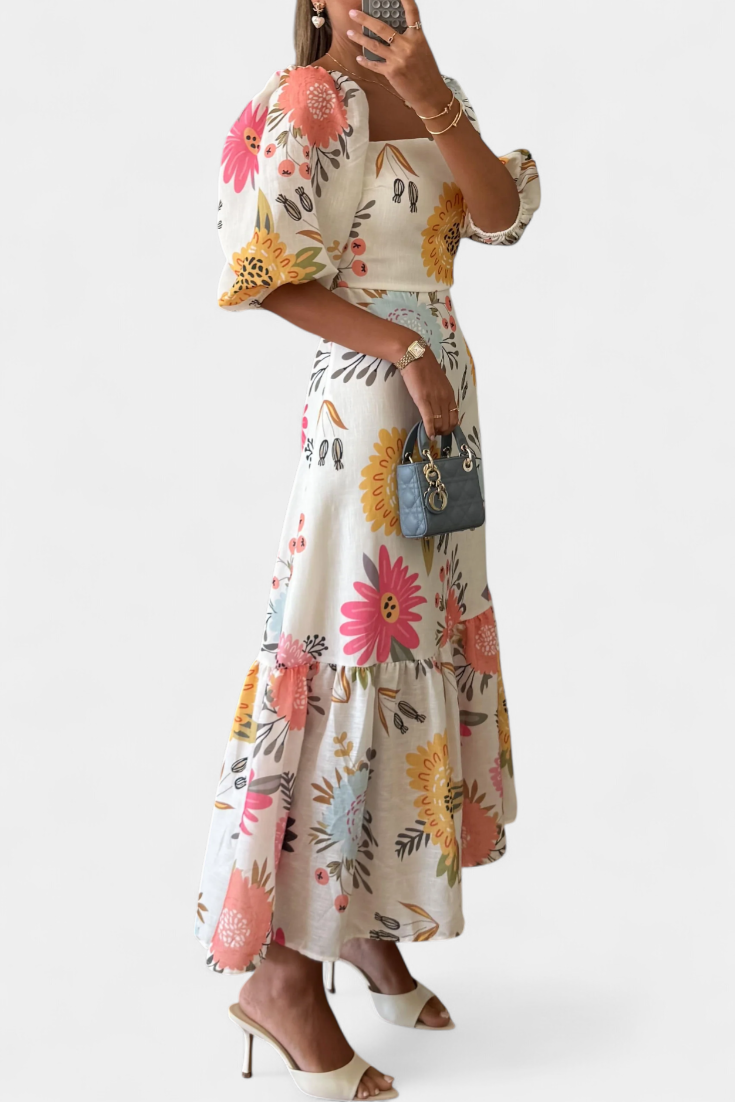 Robe Midi en Coton Kacey avec Imprimé Floral et Manches Bouffantes