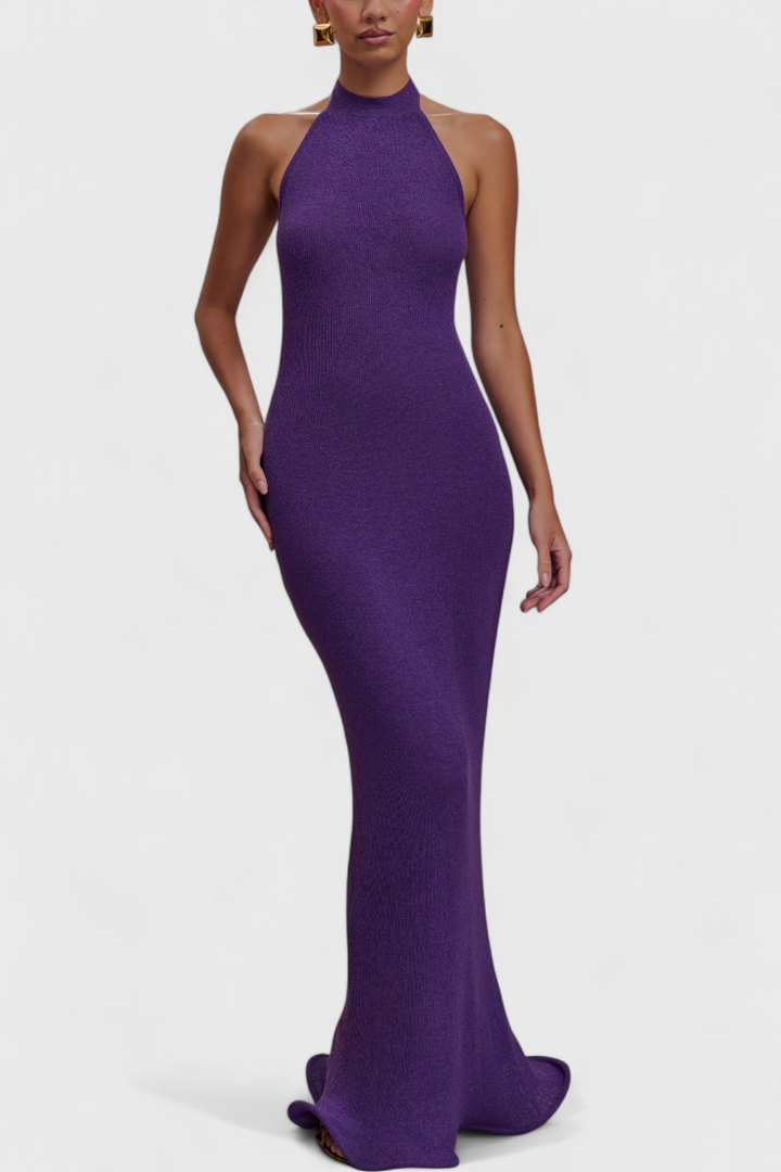 Robe Longue Trinity en Tricot avec Décolleté Halter et Dos Nu