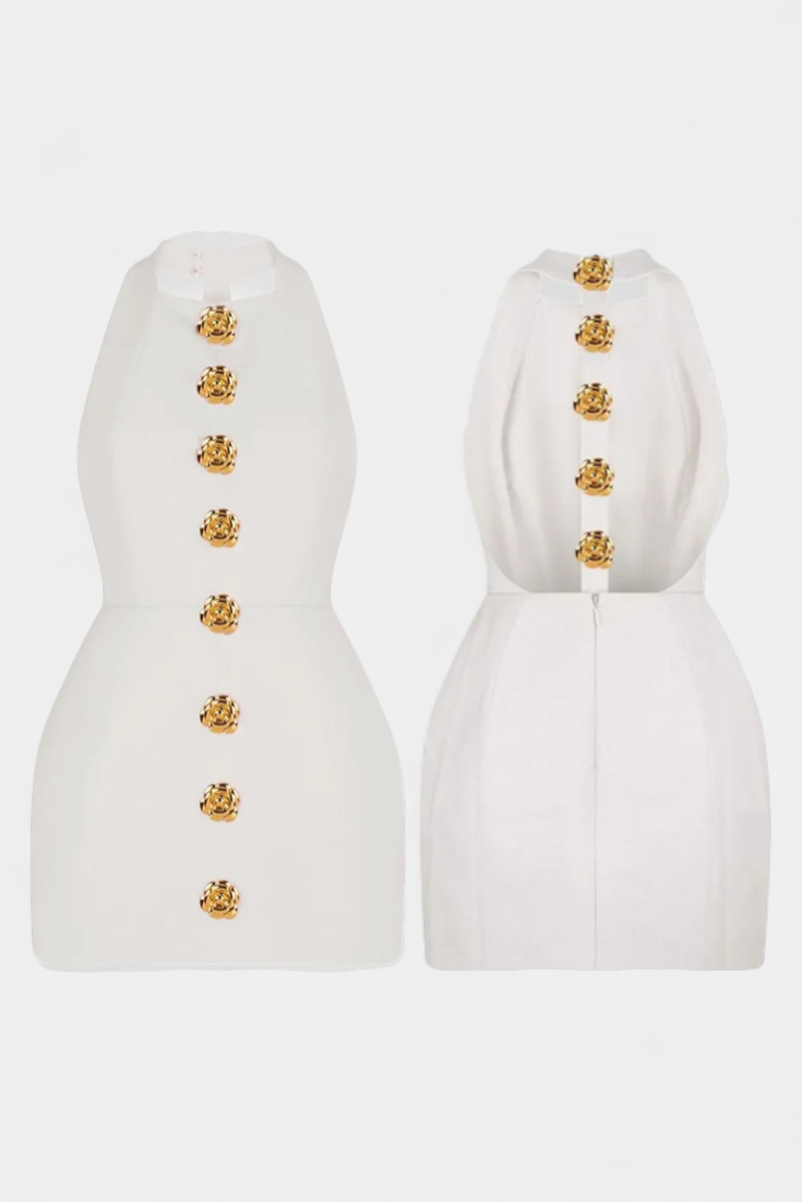 Yvonne Robe Mini Décolleté Halter avec Dos Nu et Détail Floral
