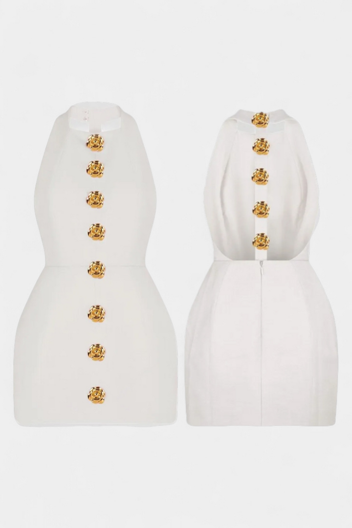 Yvonne Robe Mini Décolleté Halter avec Dos Nu et Détail Floral