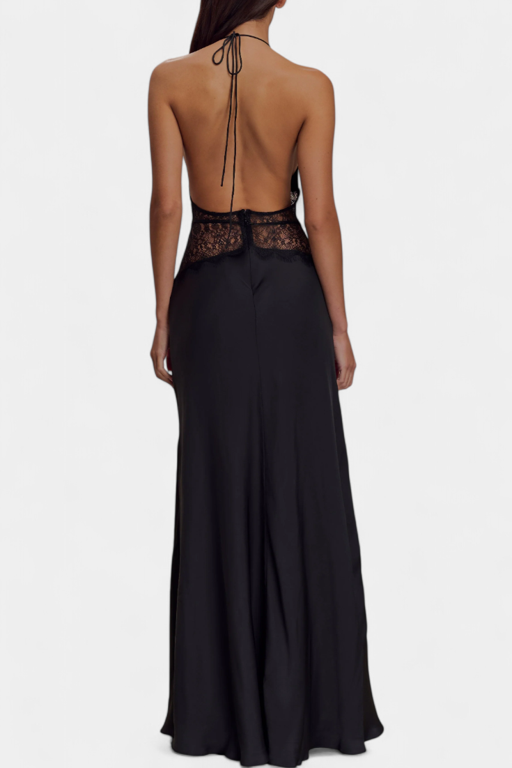 Robe Longue Ashanty avec Décolleté Halter et Taille en Dentelle Transparente