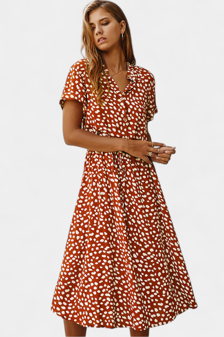 Rovena Robe Midi à Pois avec Col Chemisier et Taille Ajustable