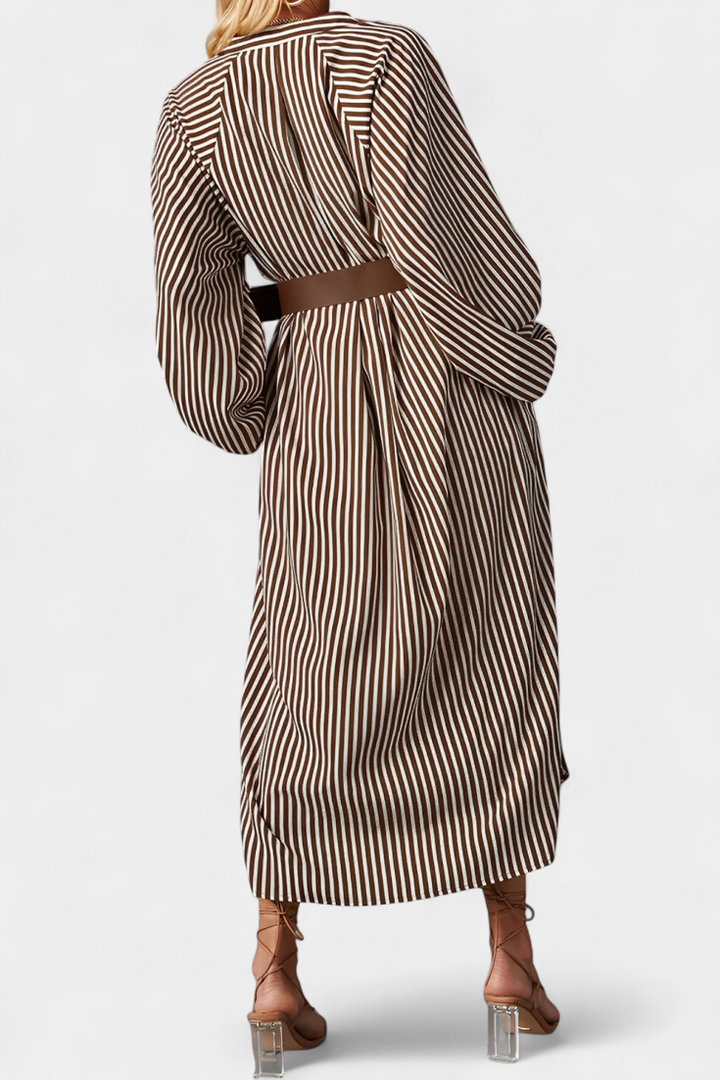 Eliana Robe Rayée avec Ceinture et Col en V