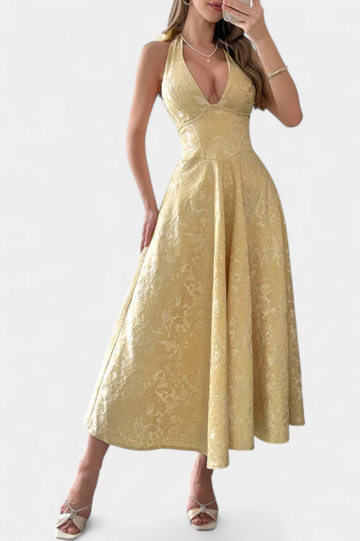 Robe Midi Jacquard Gilda avec Dos Nu et Taille Haute