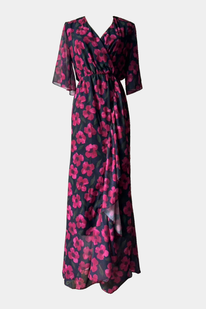 Robe Sima Croisée Imprimée avec Décolleté en V et Manches Évasées