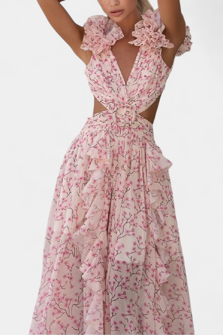 Robe Zuleika en Chiffon avec Volants et Ouvertures Latérales