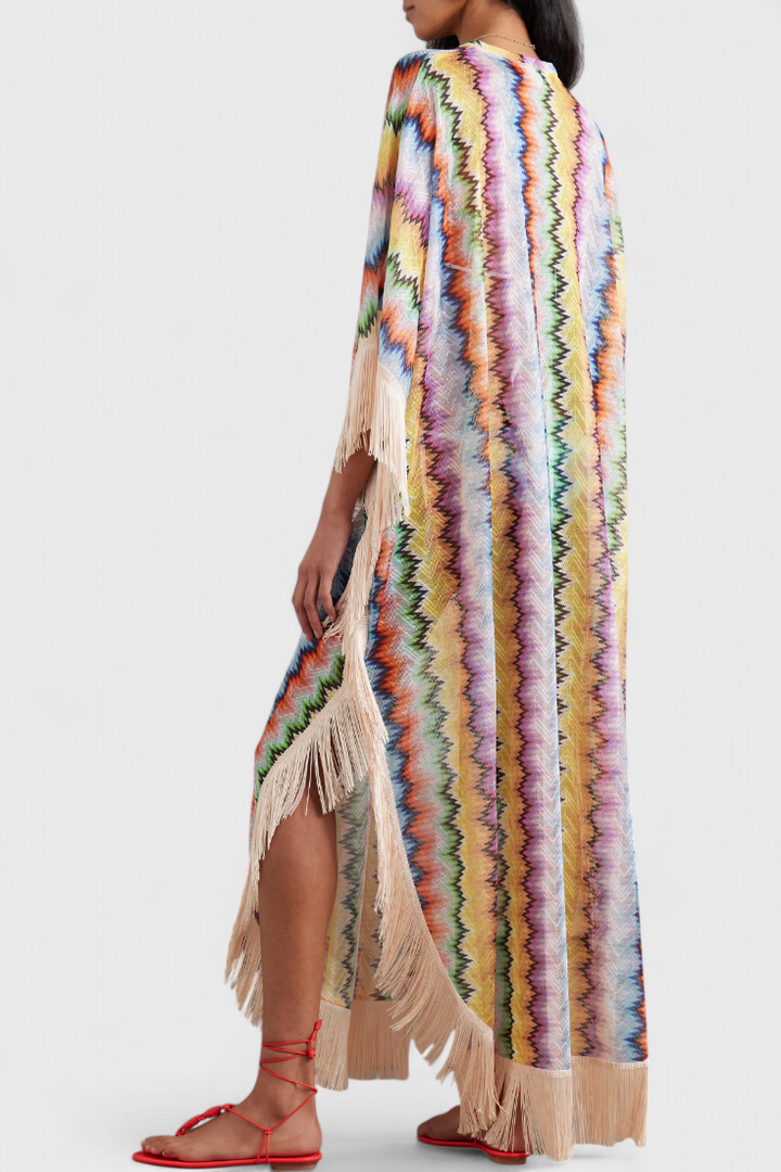 Kaftan Imelda en Crochet avec Franges Décoratives et Coupe Ample