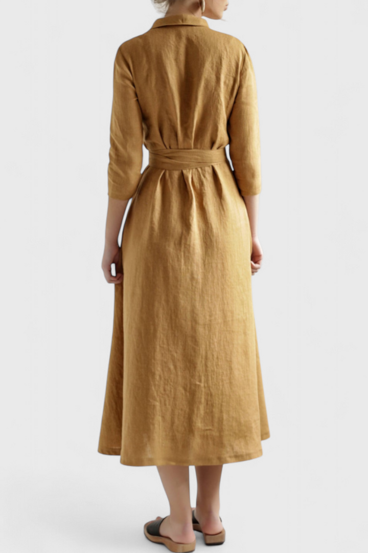 Robe Midi Vintage en Coton et Lin Sharon avec Col Revers
