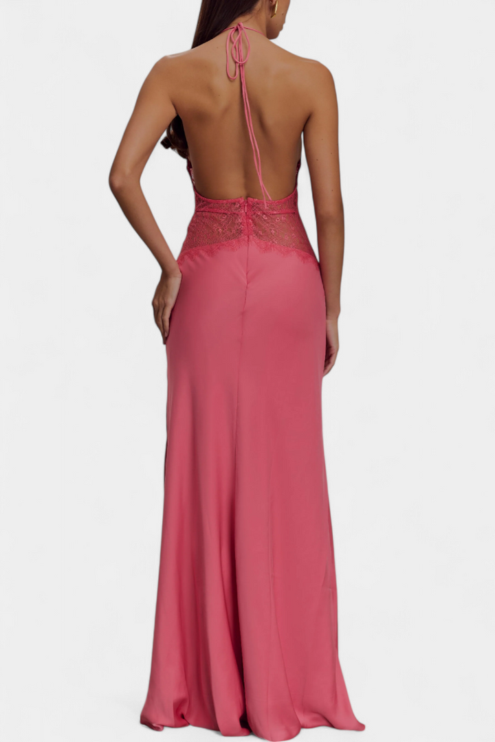 Robe Longue Ashanty avec Décolleté Halter et Taille en Dentelle Transparente