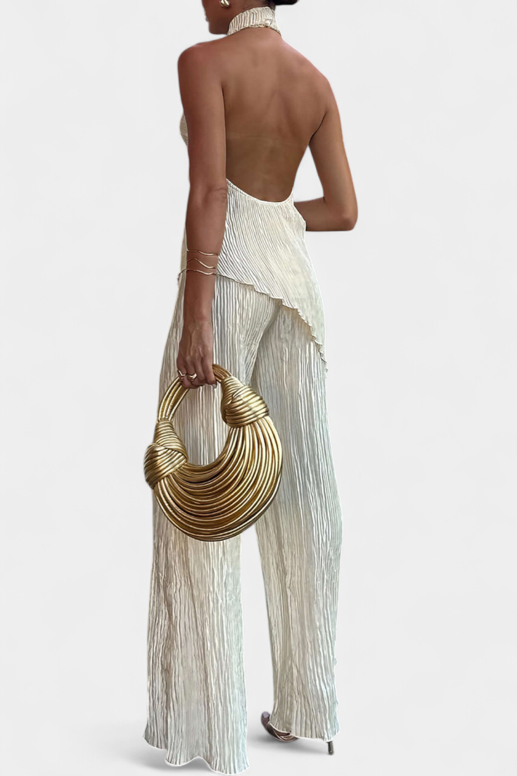Ensemble Plissé Pilarica avec Top Asymétrique Halter et Pantalon Fluide