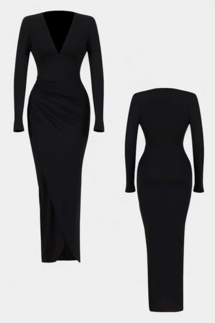Robe Freda à Manches Longues avec Décolleté en V et Plis