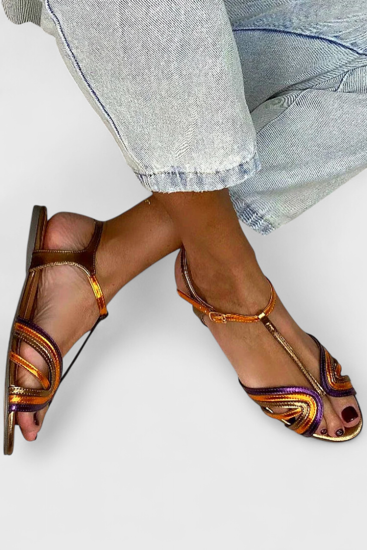 Sandales Raluca Dorées avec Bride en T Multicolore et Boucle