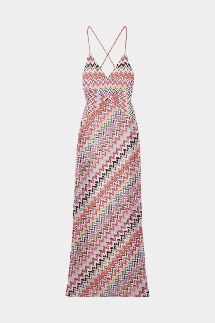 Robe Longue en Tricot Multicolore avec Décolleté Profond et Dos Croisé