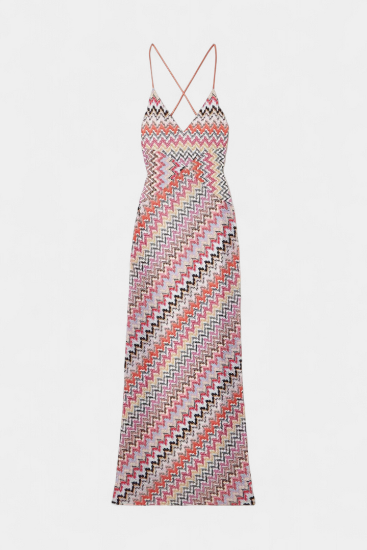 Robe Longue en Tricot Multicolore avec Décolleté Profond et Dos Croisé