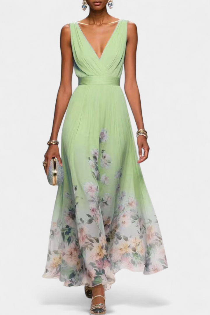 Robe Maxi Fleurie Sauline Sans Manches avec Décolleté en V