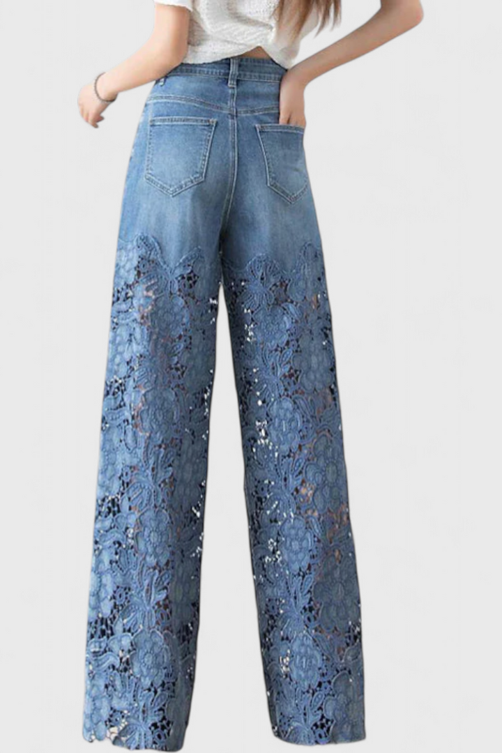 Pantalon Palazzo en Denim avec Broderie Florale Jasiel