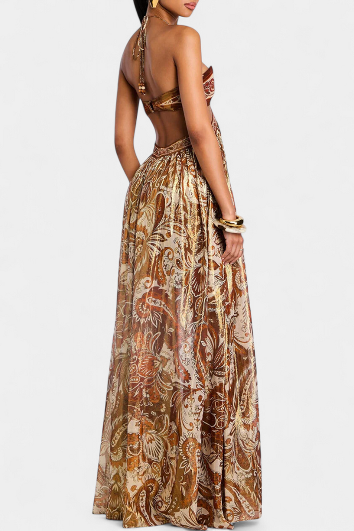 Robe Maxi Tasha Halter avec Dos Nu et Détails Découpés