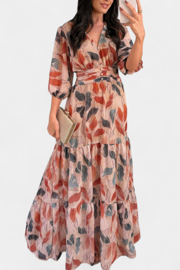 Robe Longue Aísha Fleurie avec Coupe Fluide et Motif de Feuilles