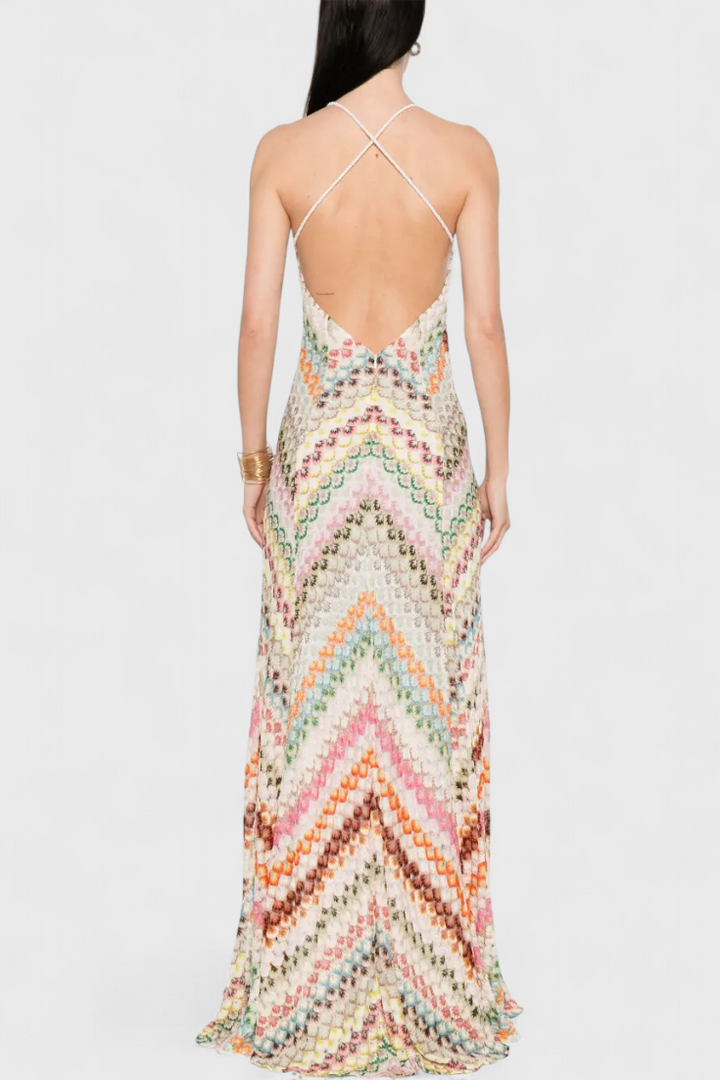 Robe Longue en Dentelle Agustina avec Décolleté en V et Motif Zigzag