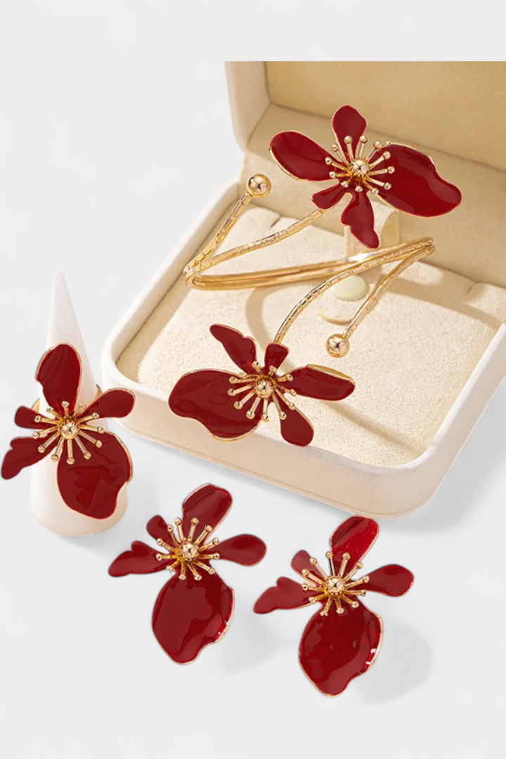 Ensemble d'Accessoires Floraux : Bracelet + Boucles d'oreilles + Bagues