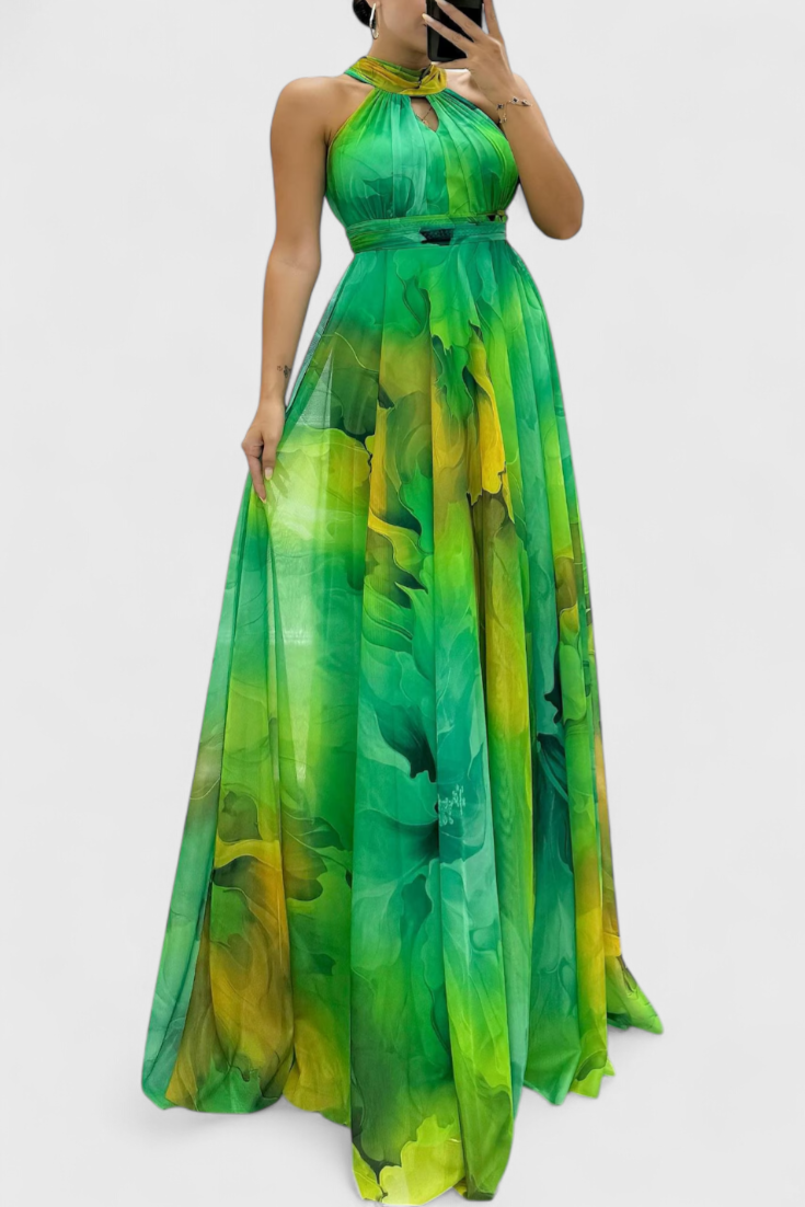 Robe Maxi en Chiffon à Imprimé Floral et Col Halter Caprice