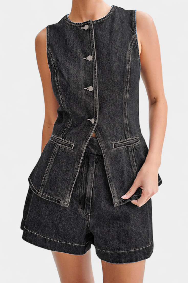 Ensemble Raya : Gilet en Denim Sans Manches et Shorts Taille Haute
