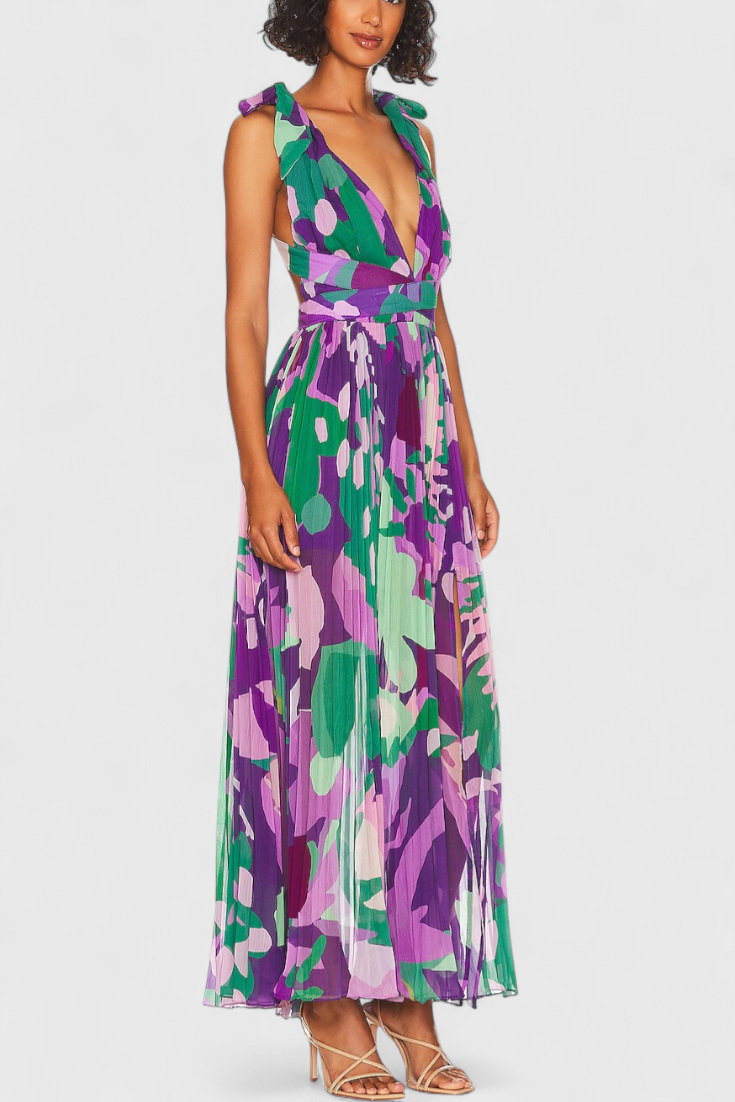 Robe Longue Plissée Cecil avec Imprimé Aquarelle et Dos Nu