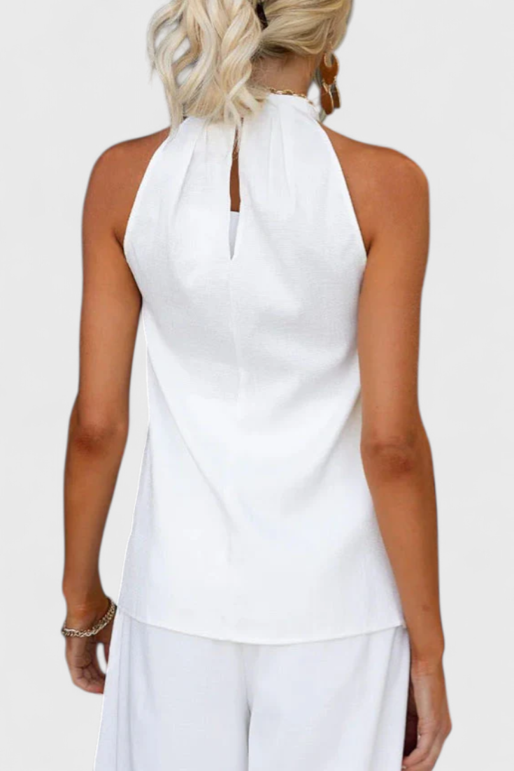 Ensemble Bernadina en Lin avec Top à Ouverture Frontale et Pantalon à Jambes Amples