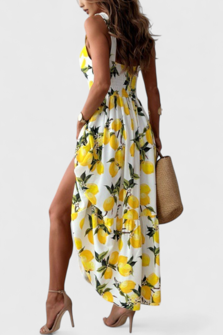 Robe Maxi Imprimée de Citrons Huda avec Bretelles et Fente Latérale