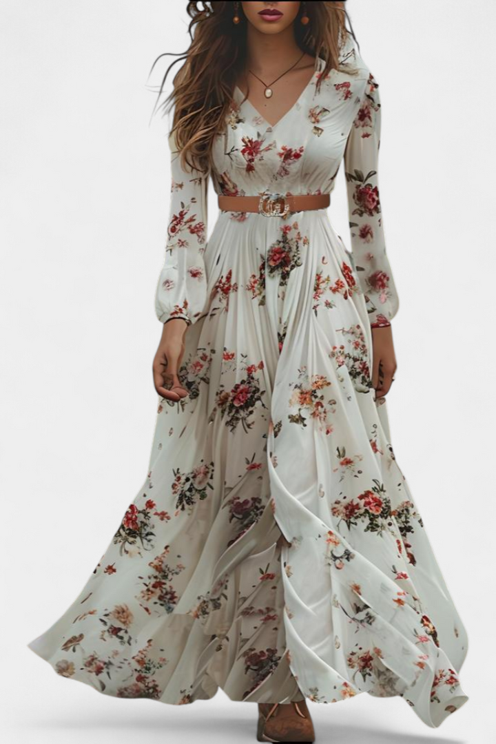 Robe Maxi Florale Amanda avec Col en V et Manches Longues