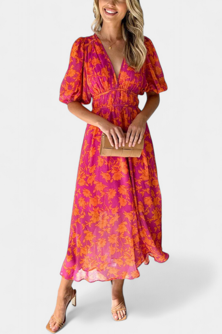 Robe Midi Fleurie Wren avec Décolleté en V et Manches Bouffantes
