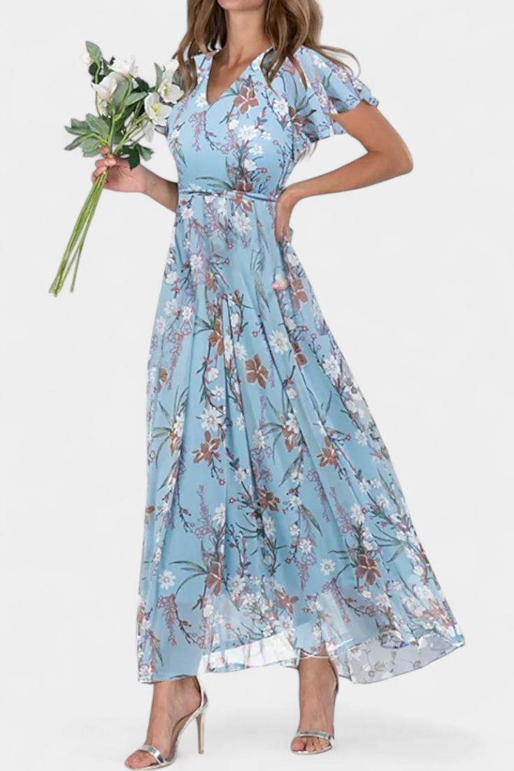 Robe Maxi Florale Amara avec Décolleté en V et Manches Volantes