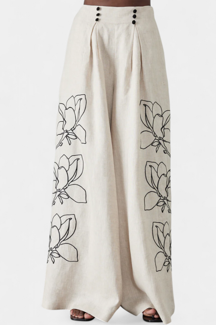 Helen Ensemble Floral de Pantalon Large et Manches Bouffantes