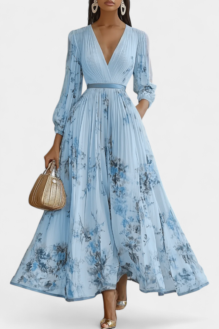 Robe Longue en Mousseline Plissée Phaedra avec Manches Bouffantes