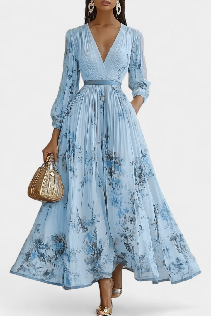 Robe Longue en Mousseline Plissée Phaedra avec Manches Bouffantes