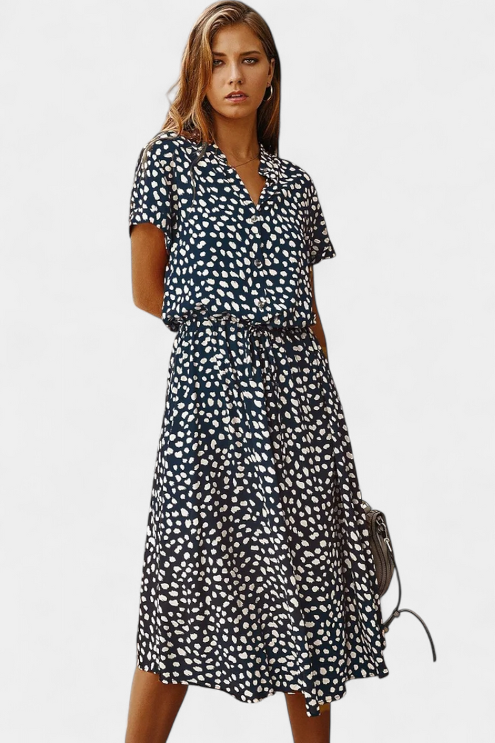 Rovena Robe Midi à Pois avec Col Chemisier et Taille Ajustable