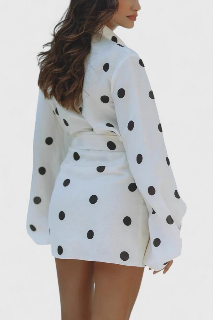 Romara Robe Mini à Pois avec Manches Longues et Taille Cintrée