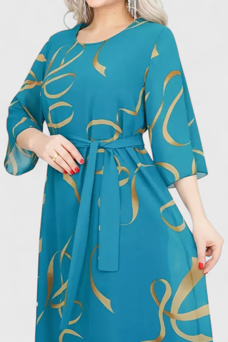 Robe Midi Imprimée Ame avec Ceinture et Coupe Polyvalente