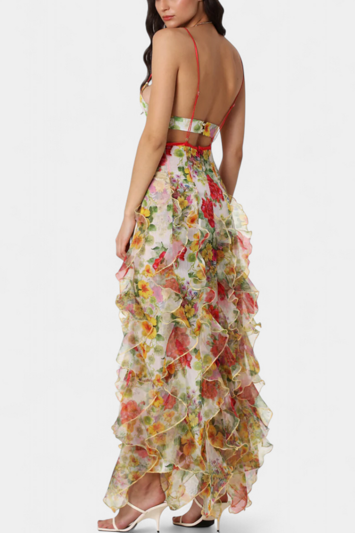 Robe Maxi Bonnie avec Volants Floraux et Découpe Latérale