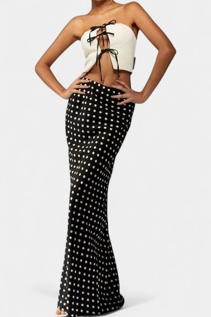 Jupe Longue Ajustée en Viscose avec Imprimé à Pois
